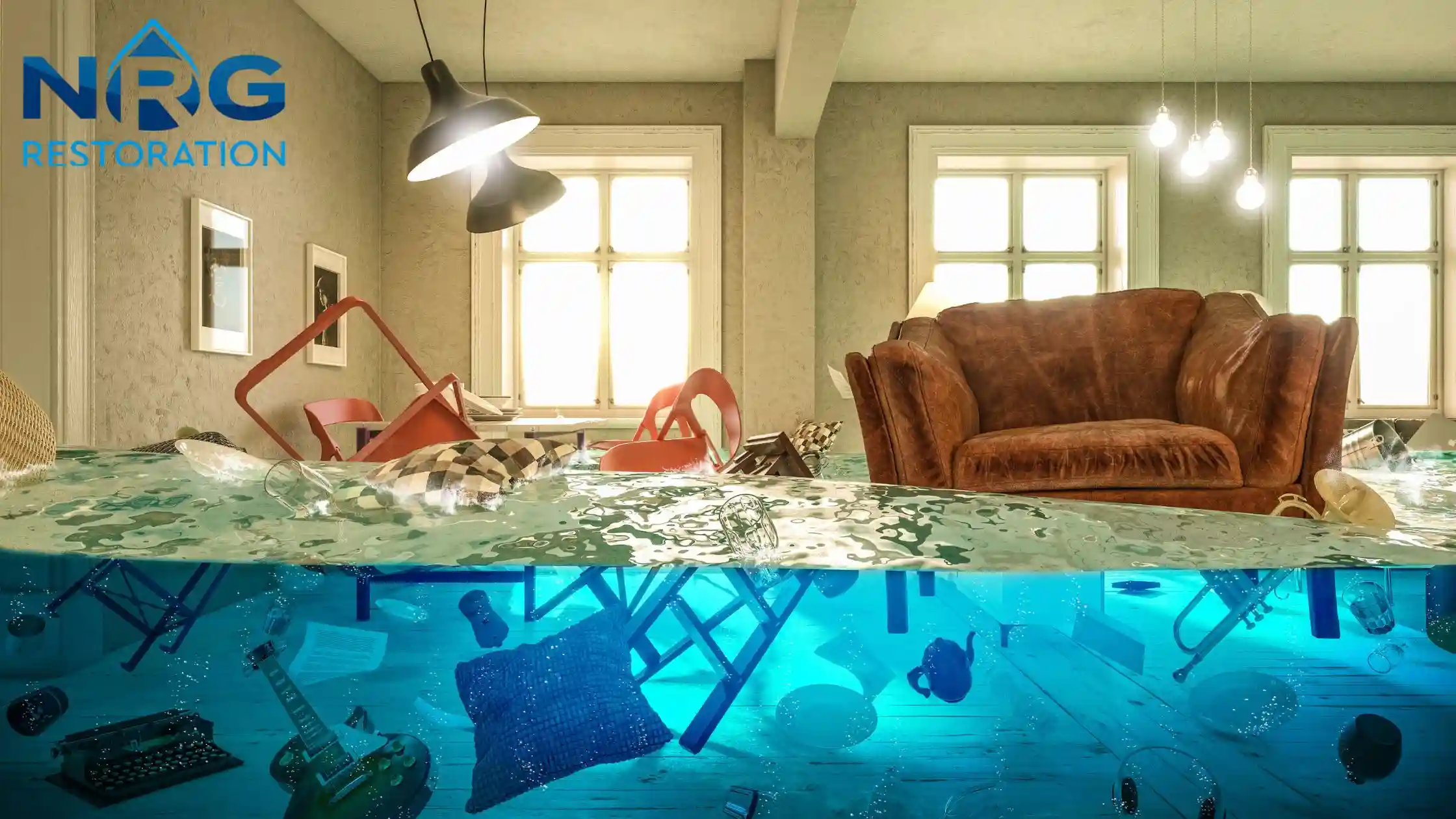 Water Damage Restoration Process Water damage restoration process for a flooded living room with furniture partially submerged in water, and the nrg restoration logo in the corner.